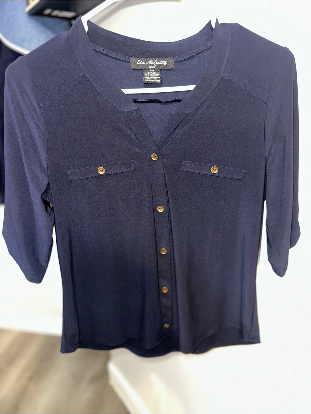 Elie Mccarthy Navy Button-Front Blouse with Gold Buttons